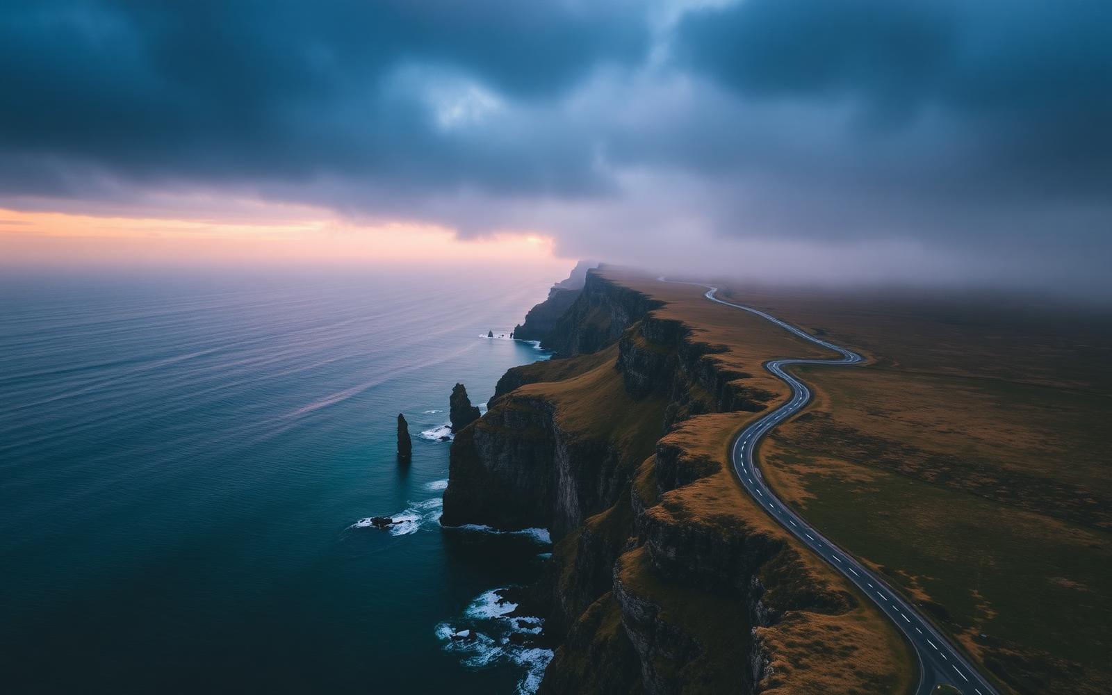 The NC500 coastal road winding along Scotland's northern cliffs at dusk